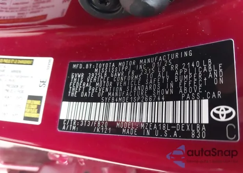 2025 Toyota Corolla Le from USA, damaged, VIN 5YFB4MDE1SP266744